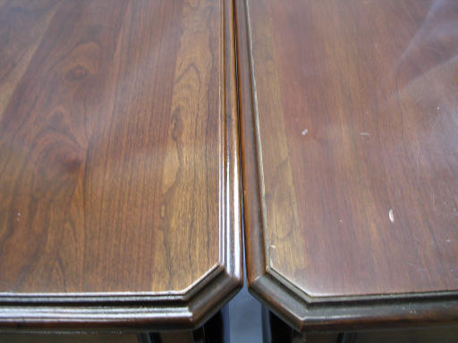 cherry end tables closeup without flash comparing new and old staining